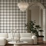 Beige, oat and cream-white plaid wallpaper with fine navy-blue stripes and printed linen texture