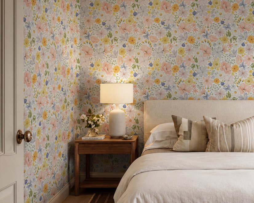 Spring floral wallpaper with pastel watercolour flowers and sage leaves on a clean white ground