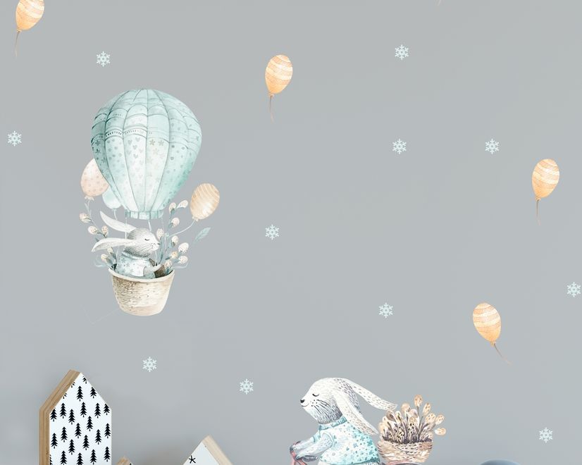 Kids Cartoon Rabbit with Balloons and Snowflake Wall Decal Sticker