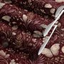 Pink butterflies wallpaper on a claret ground with cream flowers, moons, stars and spotted mushrooms.