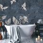 Dark Blue Grunge Style Leaves with Crane Birds Wallpaper Mural