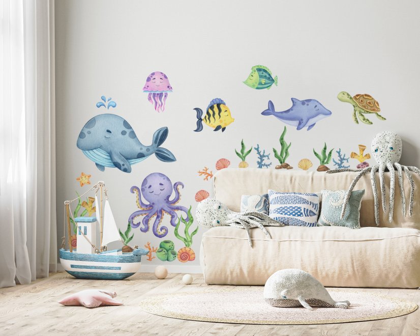 Kinderzimmer Unterwasser Wandtattoo Niedlicher Wal mit Meerestieren