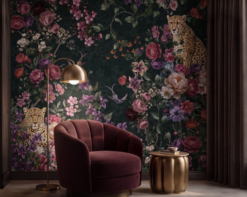 Dark Leopard Floral Garden Botanical Wallpaper Mural
