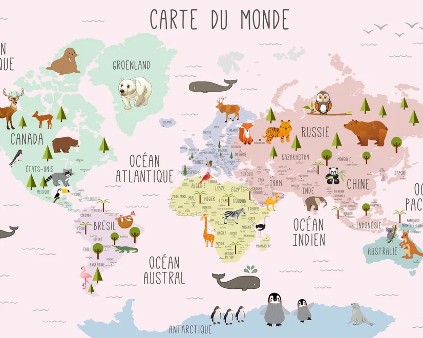  Carte éducatif en Français - Papier peint carte du monde éducative avec animaux pour enfants et bébé
