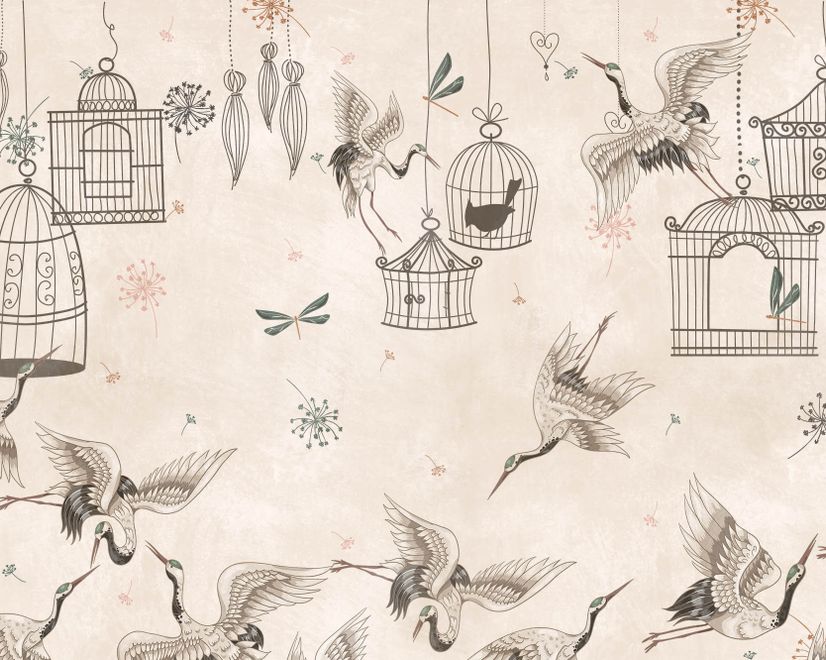 Japanese Crane Birds and Empty Cages Wallpaper Mural
