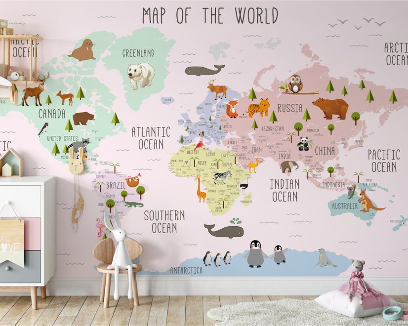  Carte  éducatif en Anglais - Papier peint carte du monde éducative avec animaux pour enfants et bébé