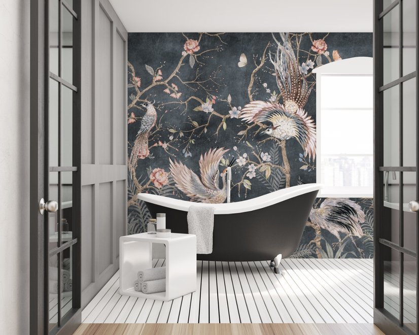 Chinoiserie-Pfingstrosenblüte mit chinesischen Vögeln Fototapete