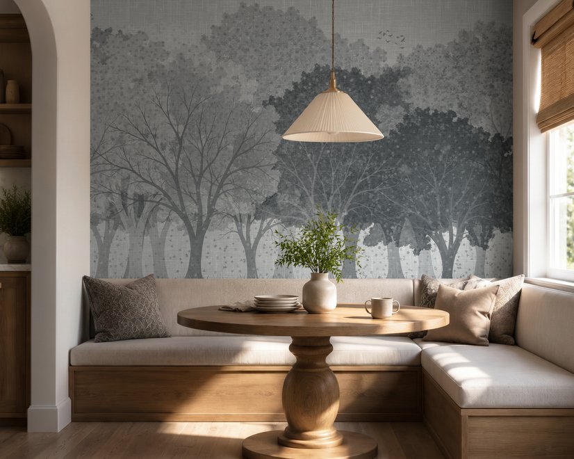 Light gray wallpaper mural with misty forest trees, falling leaves and birds