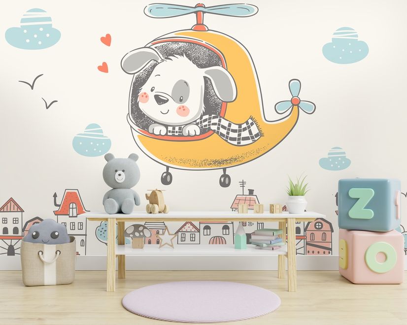 Cute Puppy in Helicopter Wallpaper Mural