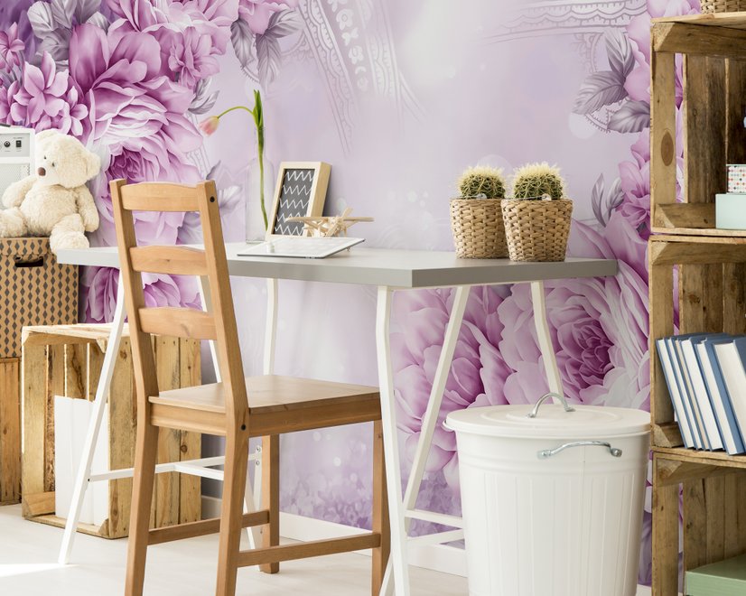 Papier peint panoramique pivoines roses dessinées