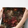 Dark moody floral wallpaper with cream peonies, coral lilies, berries and green foliage on chocolate brown