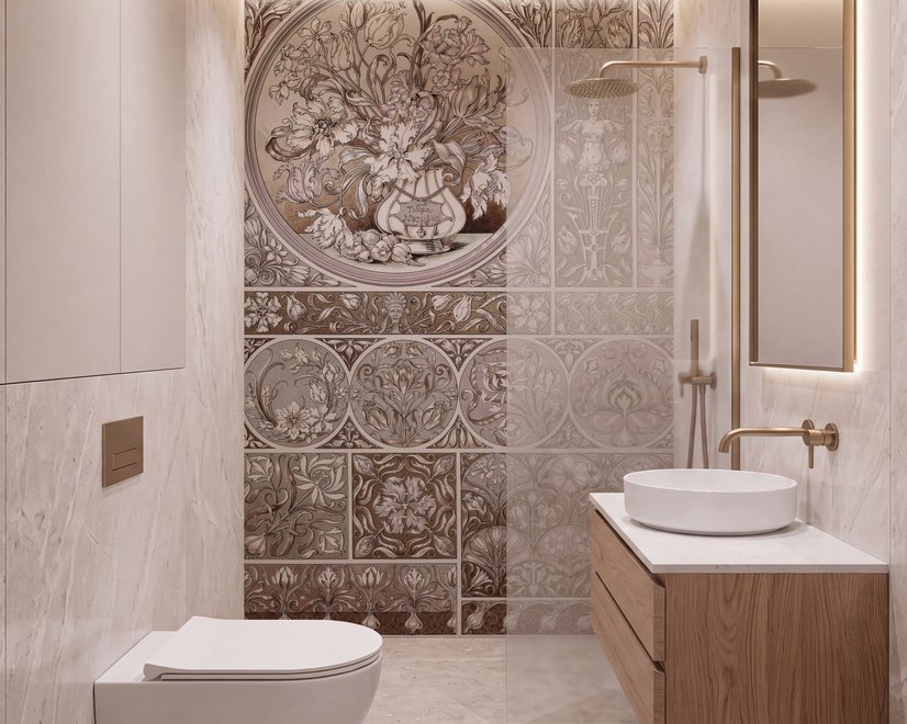 Antique wallpaper mural with Art Nouveau floral tile panels, sepia borders and blush botanical medallions