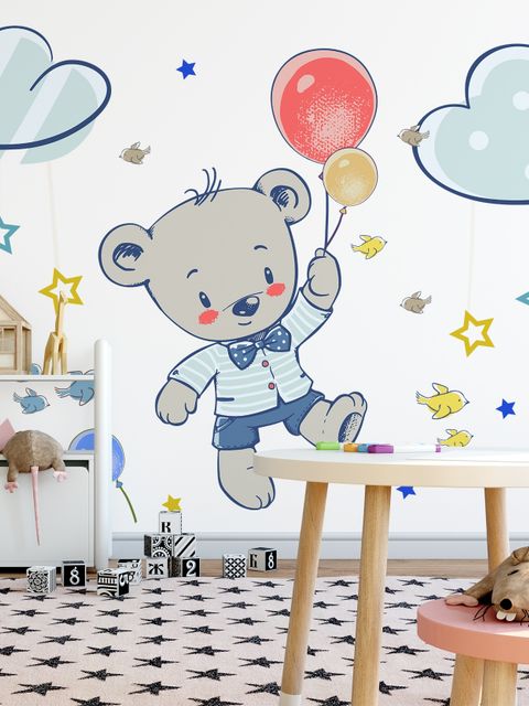Stickers muraux ours volant étoiles colorées ciel cartoon enfants