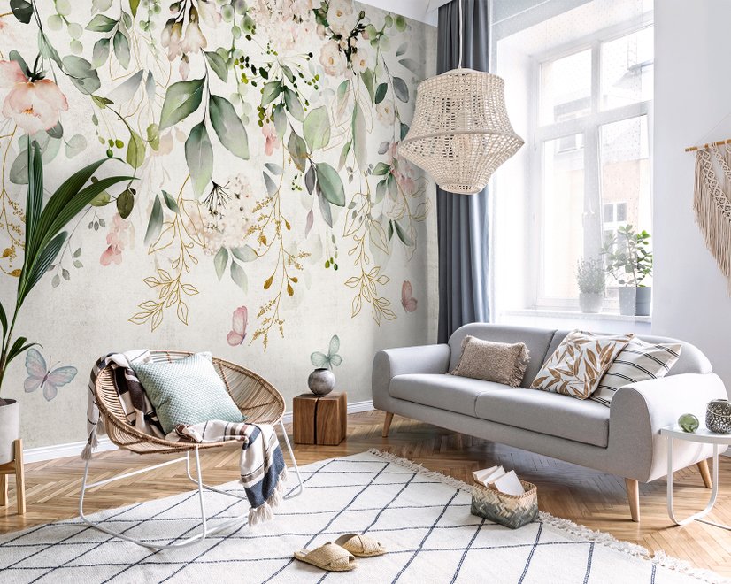 Papier peint aquarelle floral doux avec feuilles vertes