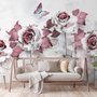 Papier peint panoramique floral avec petits papillons effet 3D