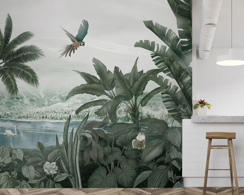 Papier peint forêt tropicale brumeuse lac