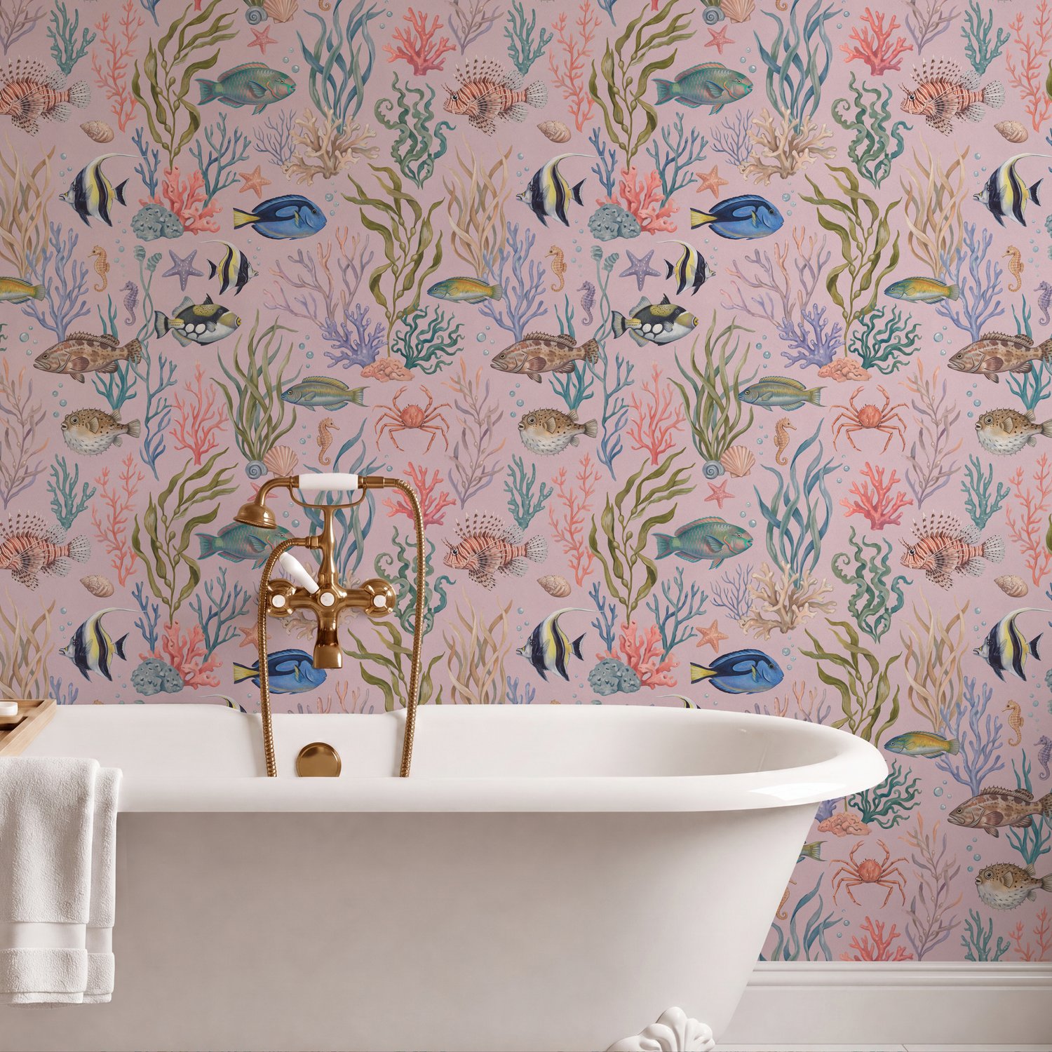 Cute Pink Seashell Wallpaper with Reef Fish - Peel and Stick