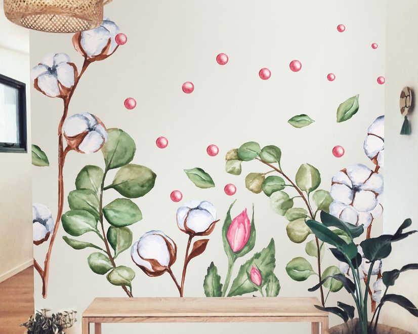 White Cotton Florals with Green Leaf and Pink Rosebud Wall Decal Sticker