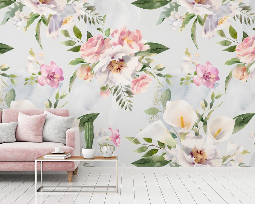 Watercolor White Pink Floral Bouquet Wallpaper Mural