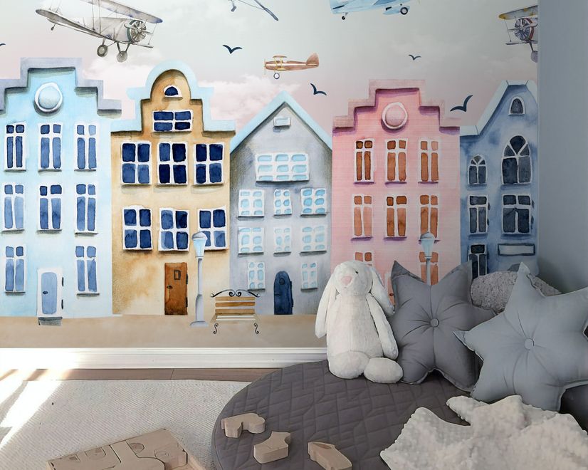 Papier peint hélicoptères maisons colorées style Amsterdam