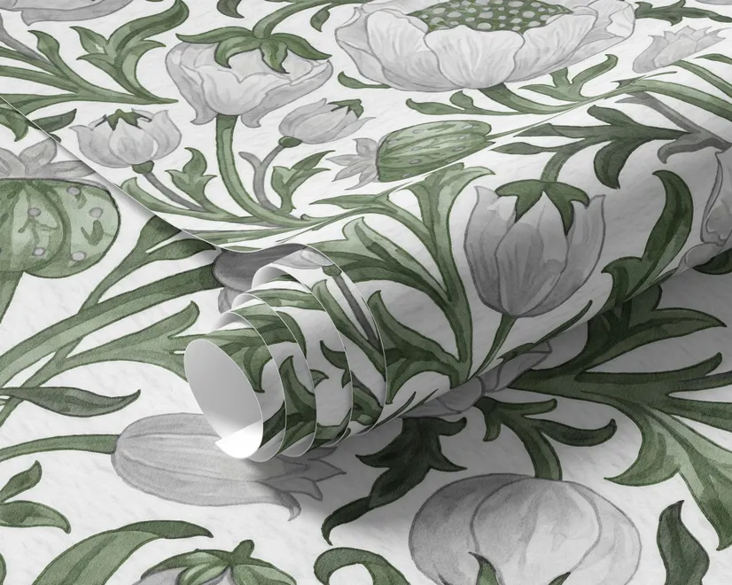 Sage green botanical floral wallpaper with white poppy flowers, lobed leaves and dotted seed centres