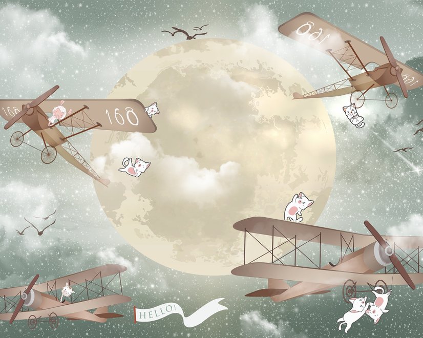 Papier peint lune avec avion pour enfants