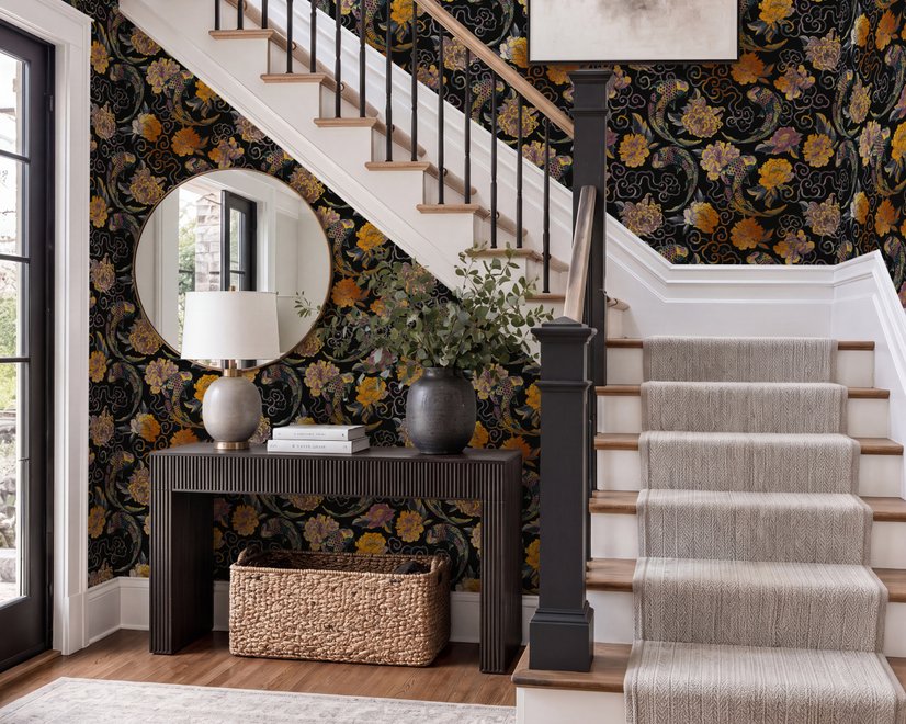 Japanese art wallpaper pattern with koi fish, gold peonies, mauve flowers and grey clouds on black