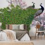 Papier peint panoramique paon élégant avec fleurs de cerisier
