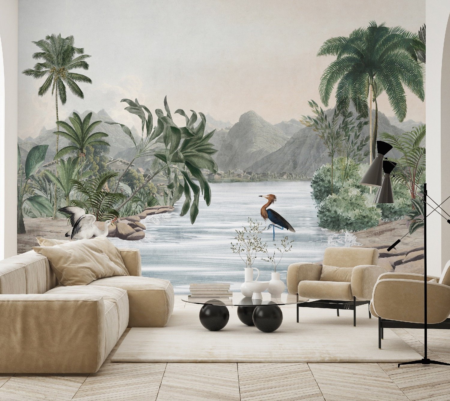 Tropical Nature Landscape with Birds Wallpaper Mural - Peel and Stick