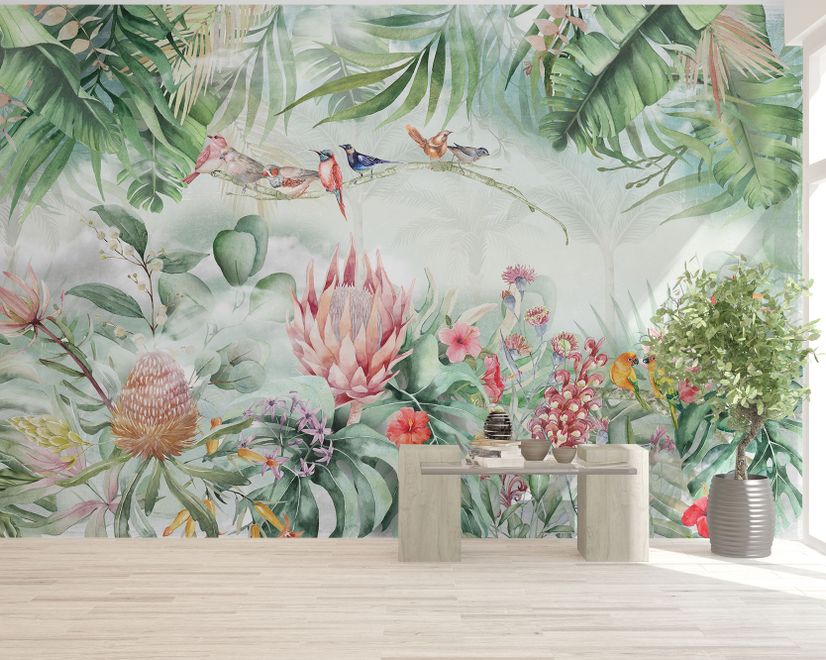 Colorful Tropical Exotic Cactus Floral with Little Birds Wallpaper Mural