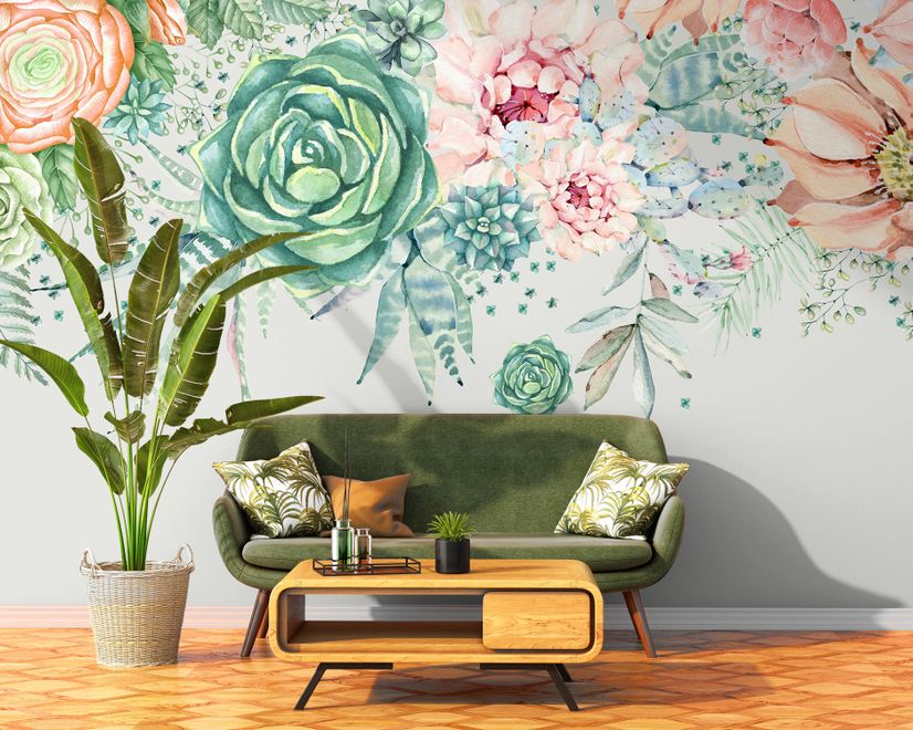 Nostalgic Soft Green Vine Floral Art Wallpaper Mural