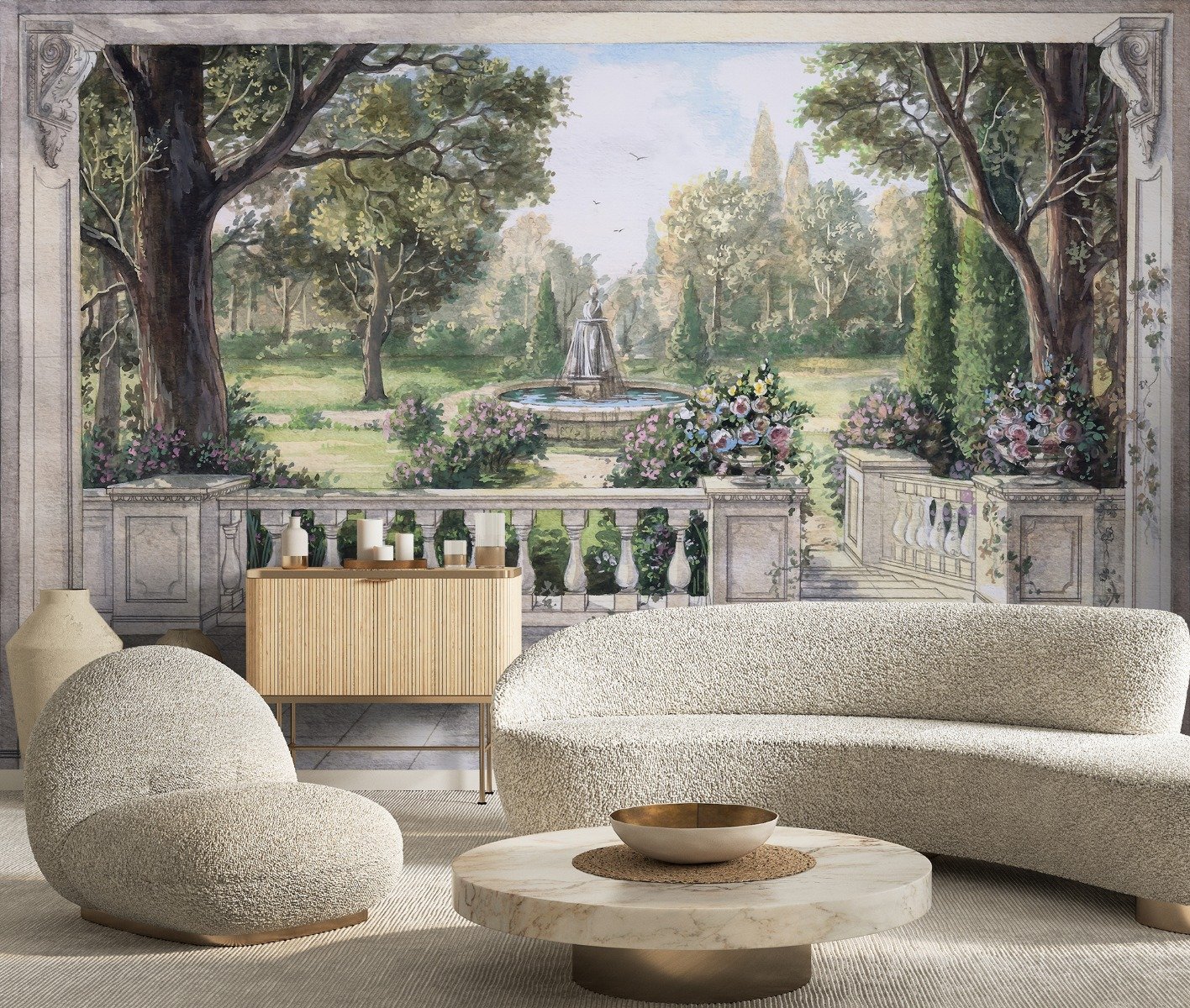Soft Drawing Forest with Marble Fountain Wallpaper Mural - Peel and Stick