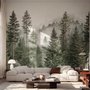 Misty mountain wallpaper mural with tall pine trees, layered green forest and pale foggy ridges