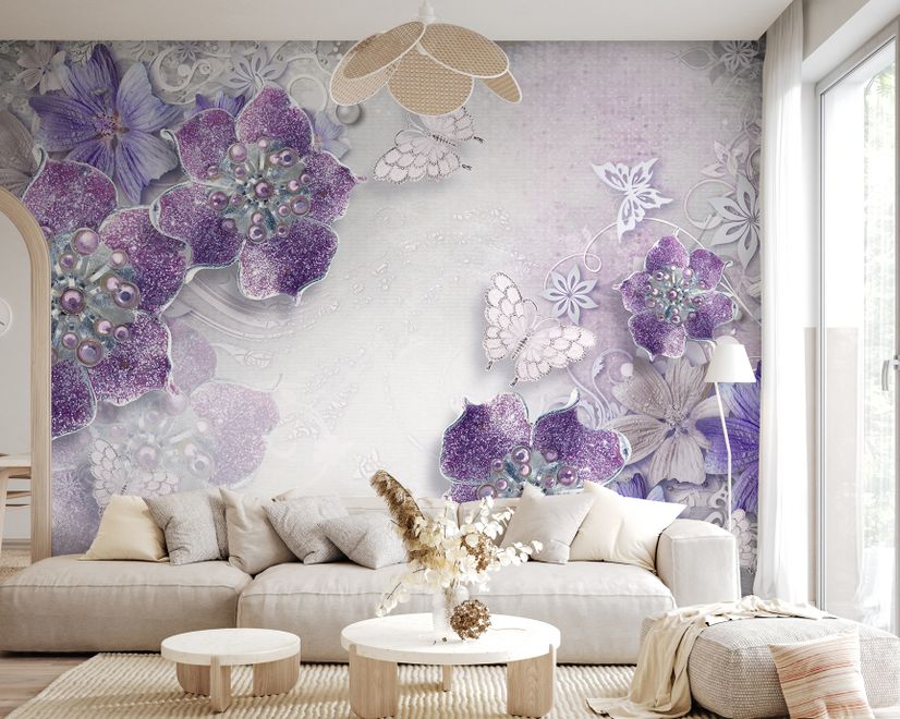 Papier peint panoramique violet avec papillons Swarovski