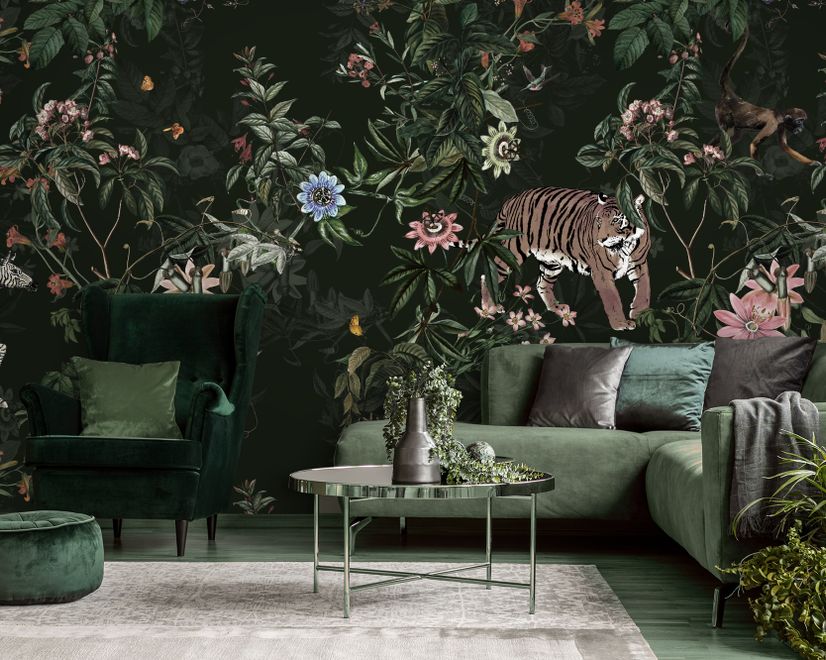 Dark Botanical Plants with Animals Wallpaper Mural