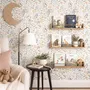 Watercolour wildflower wallpaper with pastel flowers and sage leaves on a white ground