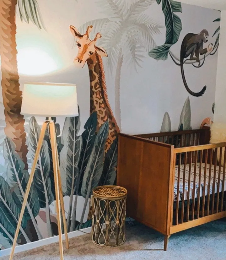 Kids Nursery Pink Flamingo and Cute Giraffe Safari Animals Wallpaper Mural