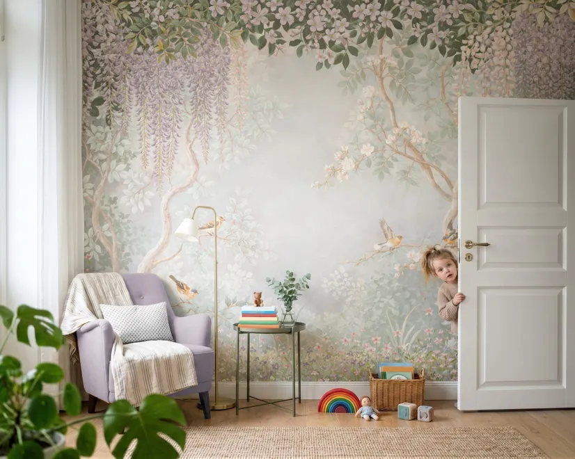 Watercolour nature wallpaper with lilac wisteria, pale trees, sage foliage and small songbirds around a misty clearing