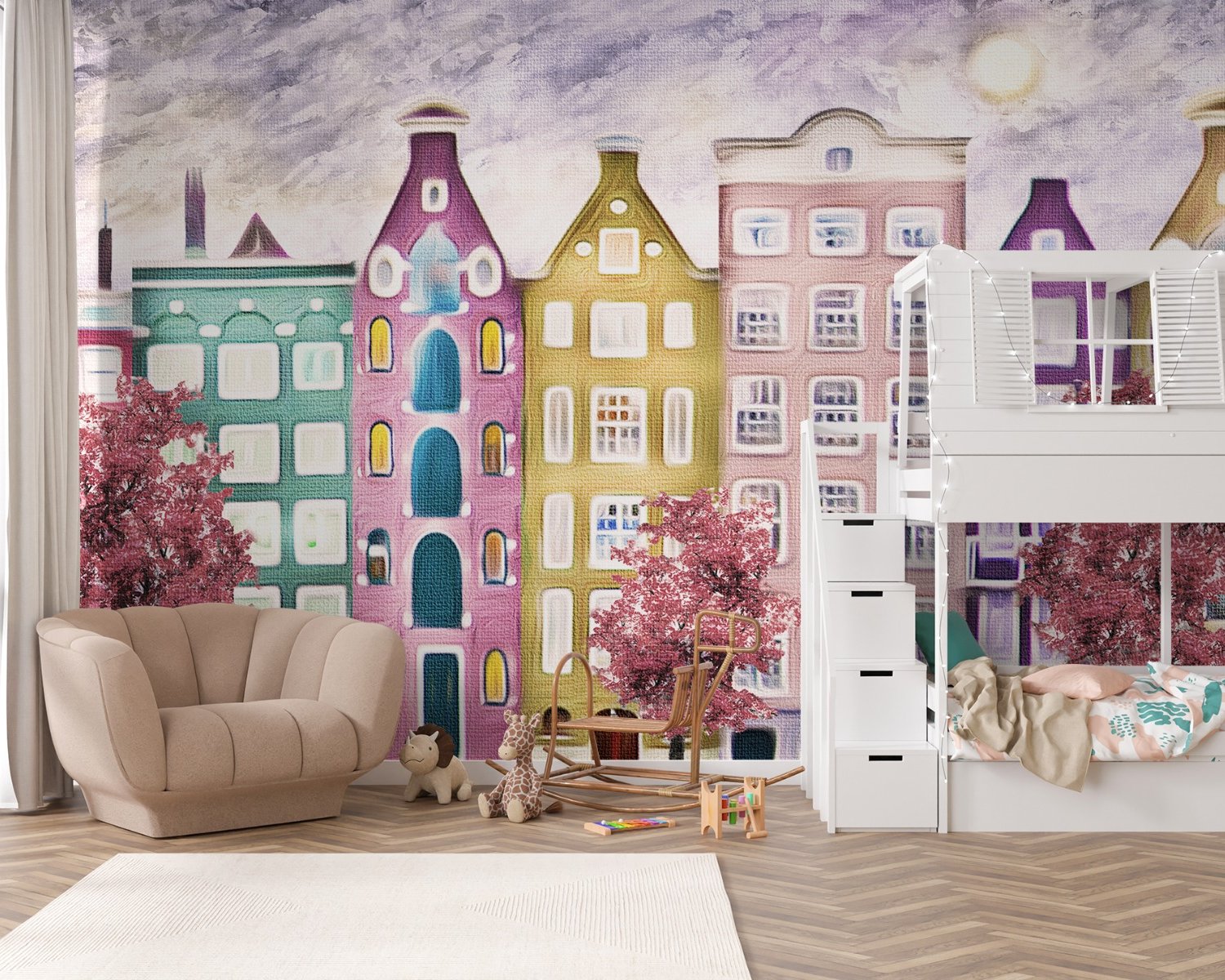 Dutch Style Colorful Houses and Red Trees Wallpaper Mural for Kids - Peel and Stick