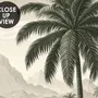 Sepia tropical landscape wallpaper with palms, banana plants, lagoon, bridge and mountains