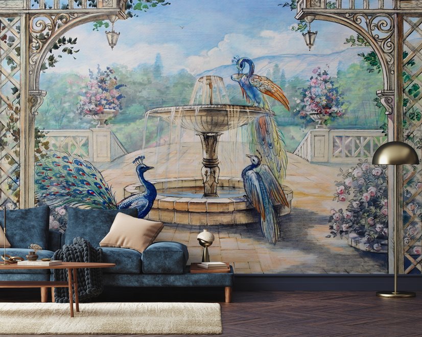 Papier peint panoramique jardin peint avec fontaine, paon et colonne romaine
