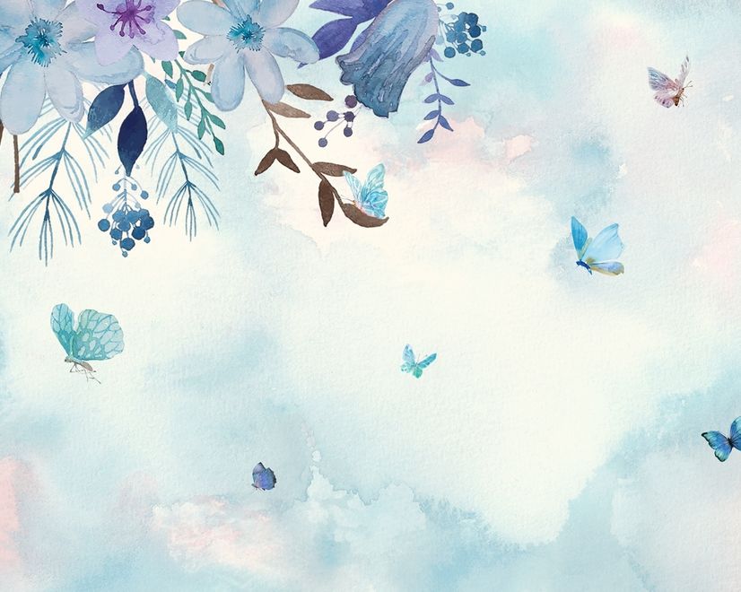 Blue Purple Floral with Little Butterfly Wallpaper Mural
