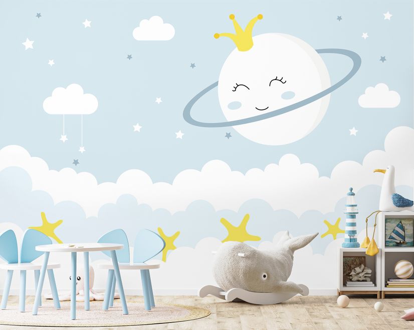 Nursery Soft Moon with White Cloud in the  Sky Wallpaper Mural