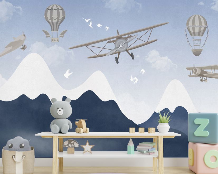 Kids Snowy Mountain with Plane and Balloons Wallpaper Mural