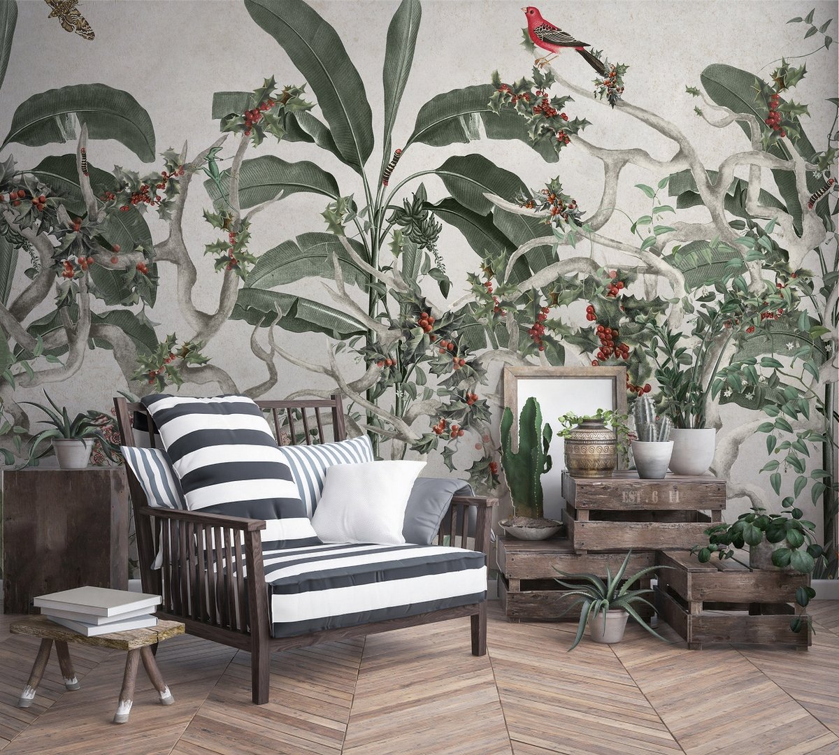 Tropical Leaves with Berries Wallpaper Mural - Peel and Stick