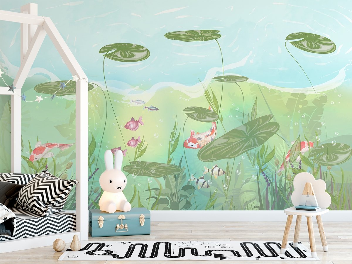 Nursery Lotus Leaf and Fish Wallpaper Mural - Peel and Stick