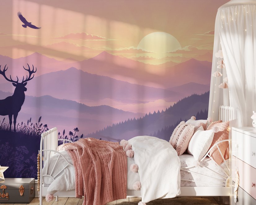 Stag mountain wallpaper with a navy deer silhouette, lavender pine ridges and a pale golden sun