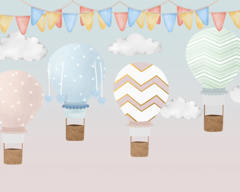 Kids Colorful Hot Air Balloon with Watercolor Flags Wallpaper Mural