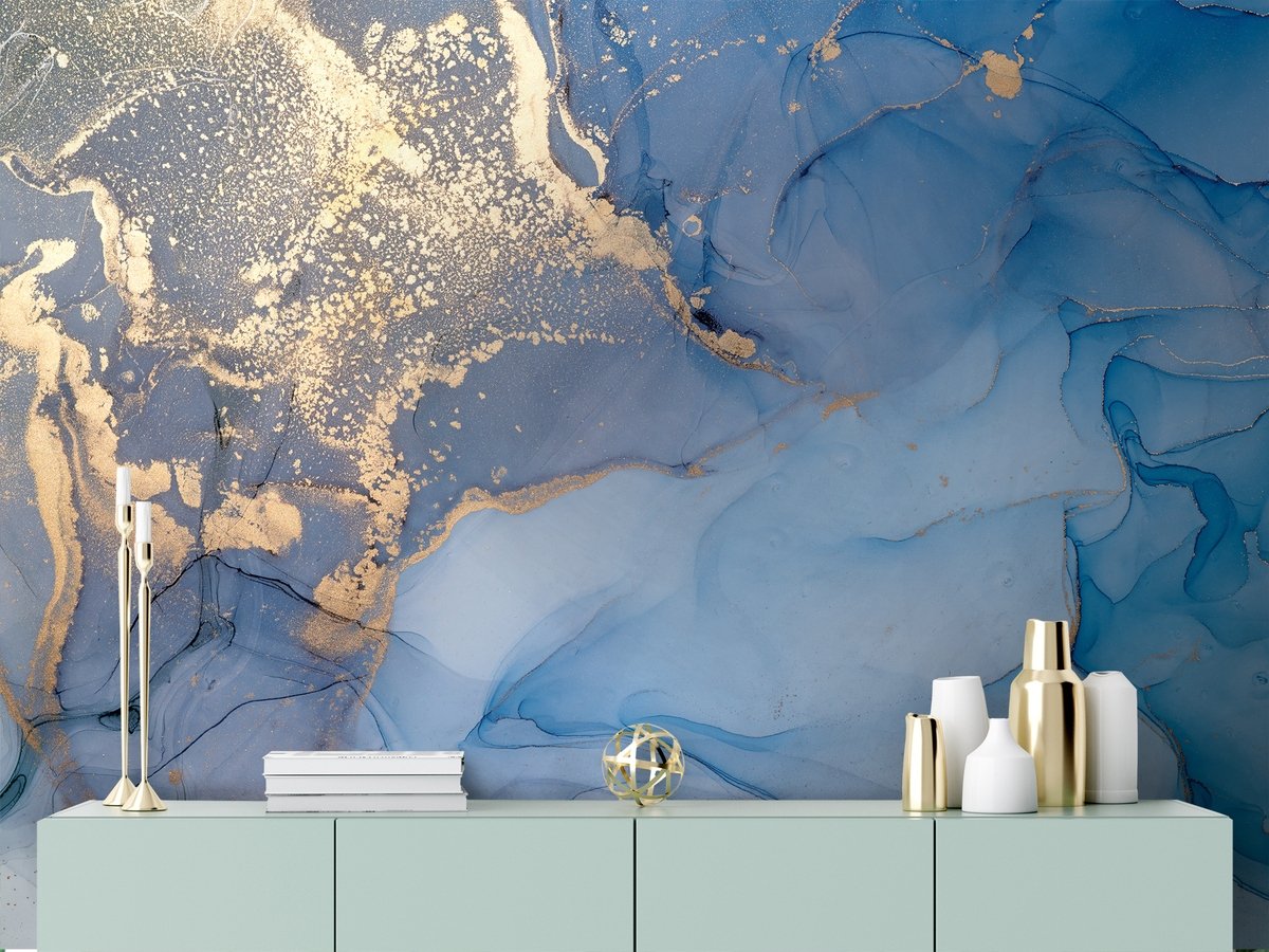 Blue Gold Look Marble with Splash Wallpaper Mural - Peel and Stick