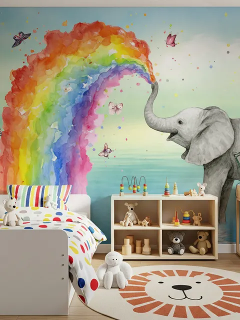 Kids Elephant with Watercolor Rainbow Wallpaper Mural